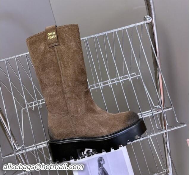 Purchase Miu Miu Suede Platform Medium Boots 5cm with Logo Tag Dark Brown 904045