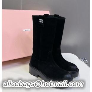 Best Price Miu Miu Suede Platform Medium Boots 5cm with Logo Tag Black 904046