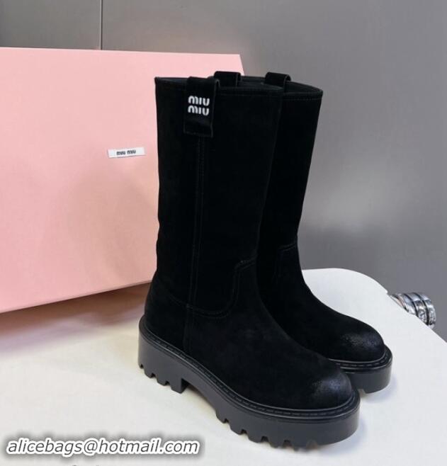 Best Price Miu Miu Suede Platform Medium Boots 5cm with Logo Tag Black 904046