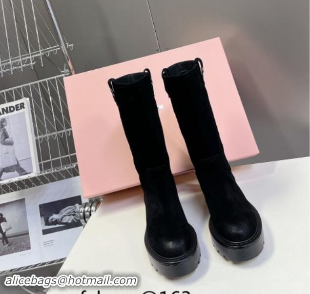 Best Price Miu Miu Suede Platform Medium Boots 5cm with Logo Tag Black 904046