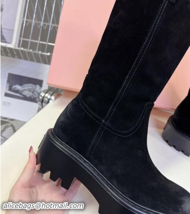 Best Price Miu Miu Suede Platform Medium Boots 5cm with Logo Tag Black 904046