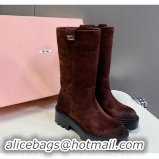 Low Price Miu Miu Suede Platform Medium Boots 5cm with Logo Tag Deep Brown 904047