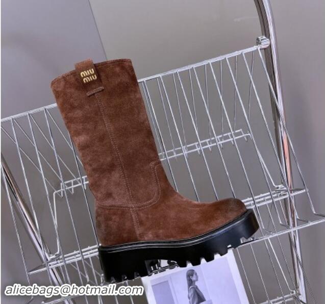 Low Price Miu Miu Suede Platform Medium Boots 5cm with Logo Tag Deep Brown 904047