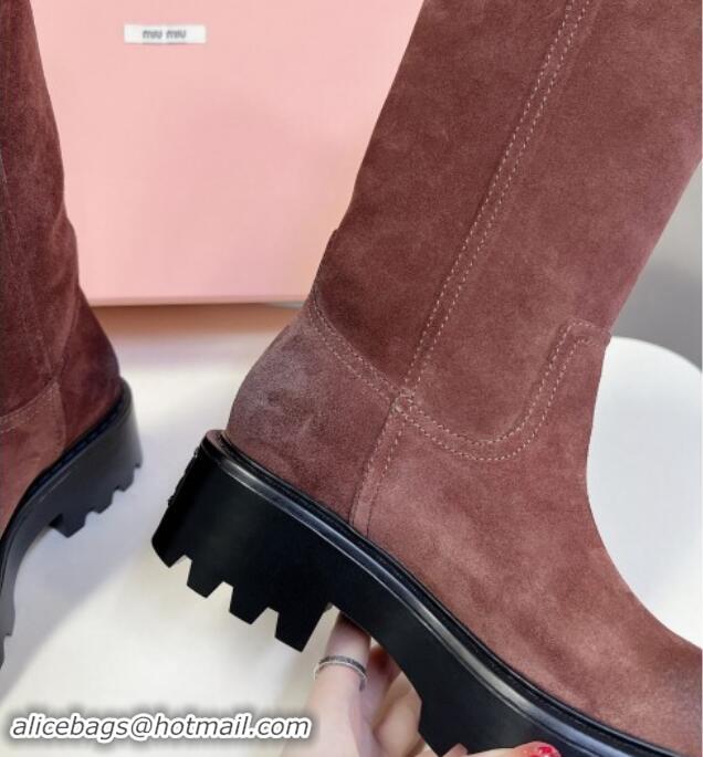 Low Price Miu Miu Suede Platform Medium Boots 5cm with Logo Tag Deep Brown 904047