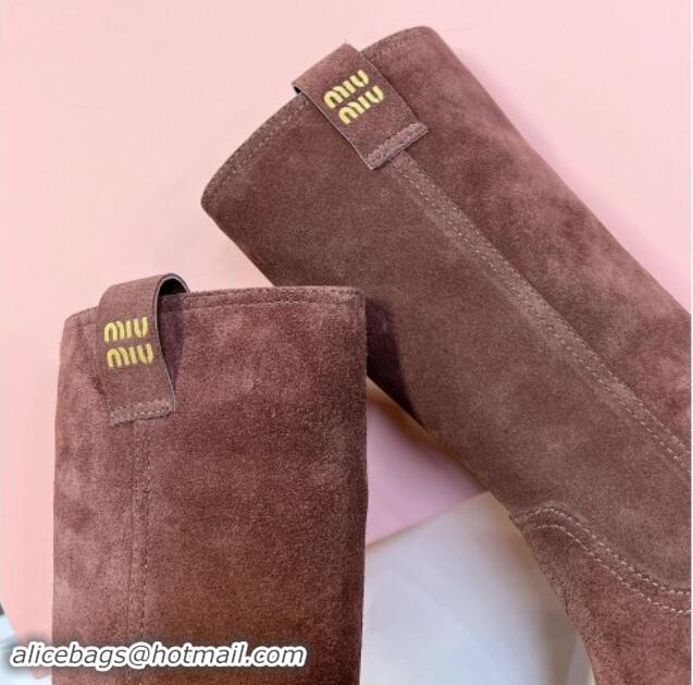 Low Price Miu Miu Suede Platform Medium Boots 5cm with Logo Tag Deep Brown 904047