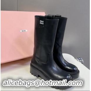 Hot Style Miu Miu Leather Platform Medium Boots 5cm Black 904048