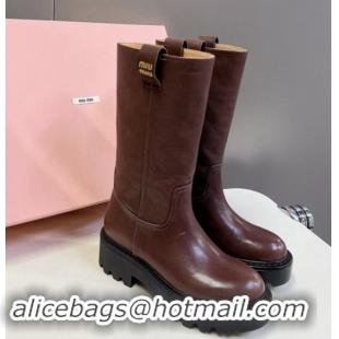 Classic Hot Miu Miu Leather Platform Medium Boots 5cm Brown 904049