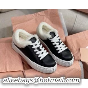 Buy Luxury Miu Miu Low Sneakers in Black Nappa Leather and Wool Fur 1014017