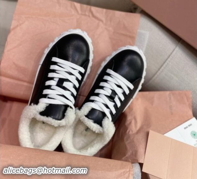 Buy Luxury Miu Miu Low Sneakers in Black Nappa Leather and Wool Fur 1014017