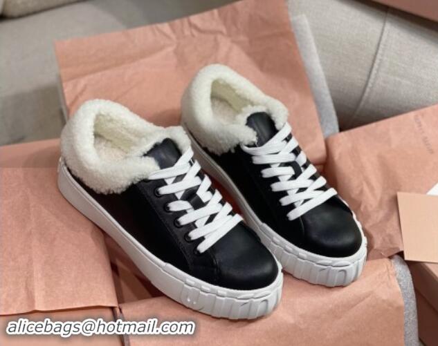 Buy Luxury Miu Miu Low Sneakers in Black Nappa Leather and Wool Fur 1014017