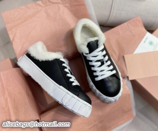 Buy Luxury Miu Miu Low Sneakers in Black Nappa Leather and Wool Fur 1014017