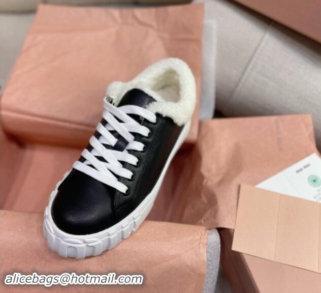 Buy Luxury Miu Miu Low Sneakers in Black Nappa Leather and Wool Fur 1014017