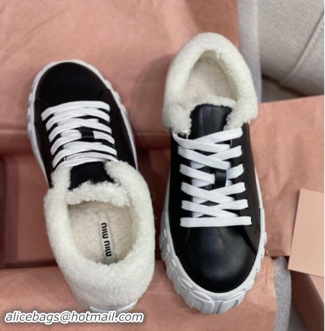 Buy Luxury Miu Miu Low Sneakers in Black Nappa Leather and Wool Fur 1014017