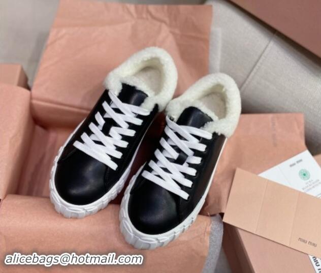 Buy Luxury Miu Miu Low Sneakers in Black Nappa Leather and Wool Fur 1014017