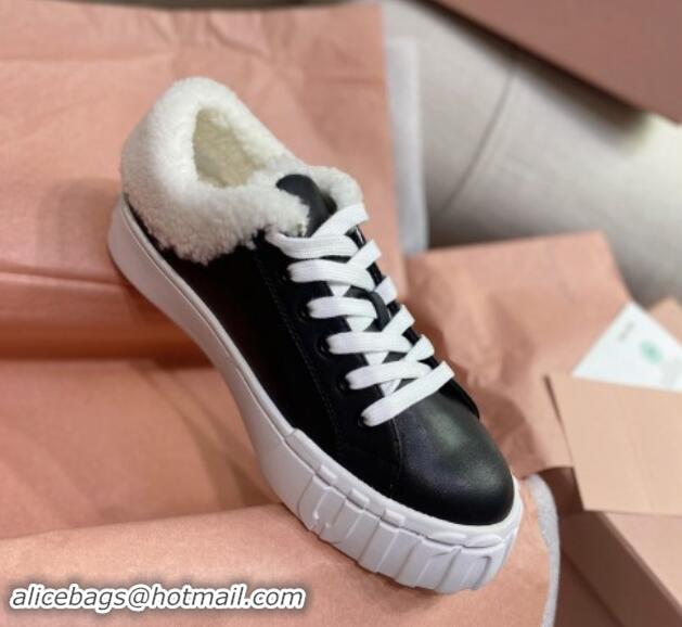 Buy Luxury Miu Miu Low Sneakers in Black Nappa Leather and Wool Fur 1014017