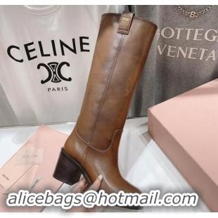 Top Design Miu Miu Sienna Fume Leather Heel High Boots 7.5cm with Logo Tag Brown 904052