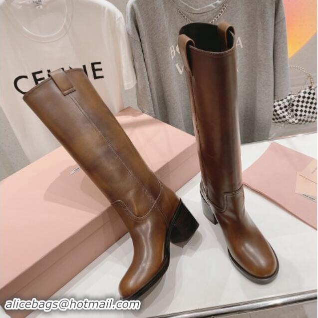 Top Design Miu Miu Sienna Fume Leather Heel High Boots 7.5cm with Logo Tag Brown 904052