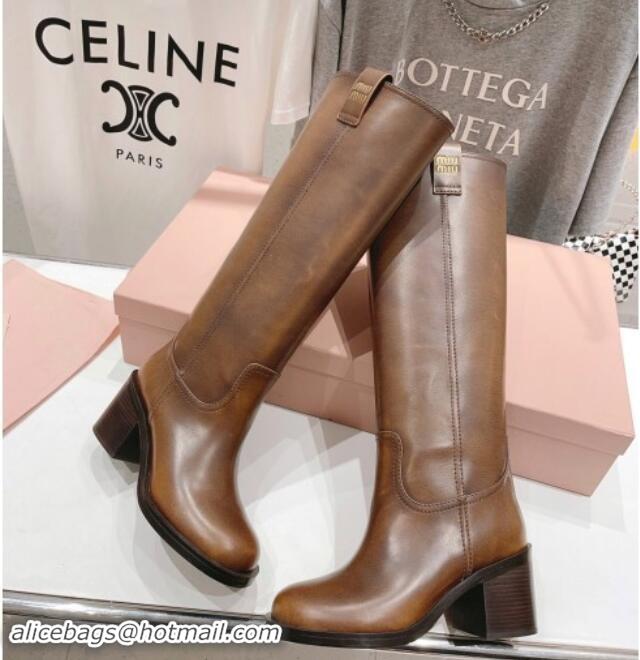 Top Design Miu Miu Sienna Fume Leather Heel High Boots 7.5cm with Logo Tag Brown 904052