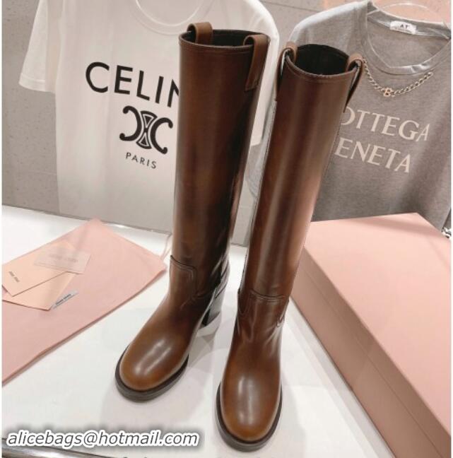 Top Design Miu Miu Sienna Fume Leather Heel High Boots 7.5cm with Logo Tag Brown 904052