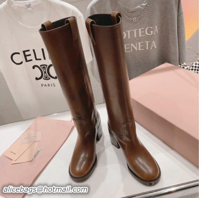 Top Design Miu Miu Sienna Fume Leather Heel High Boots 7.5cm with Logo Tag Brown 904052