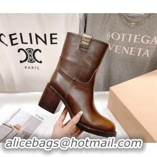 1:1 aaaaa Miu Miu Sienna Fume Leather Heel Ankle Boots 7.5cm with Logo Tag Brown 904054