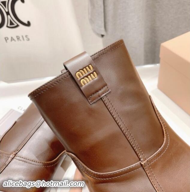 1:1 aaaaa Miu Miu Sienna Fume Leather Heel Ankle Boots 7.5cm with Logo Tag Brown 904054