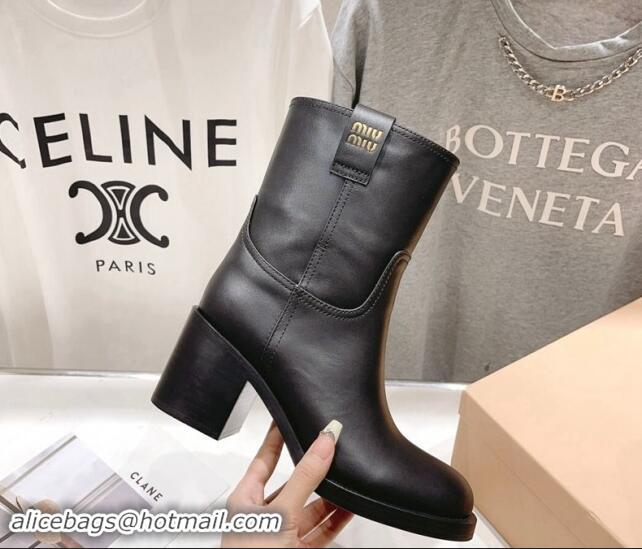 Shop Duplicate Miu Miu Sienna Fume Leather Heel Ankle Boots 7.5cm with Logo Tag Black 904055