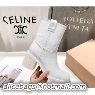 Grade Miu Miu Sienna Fume Leather Heel Ankle Boots 7.5cm with Logo Tag White 904056