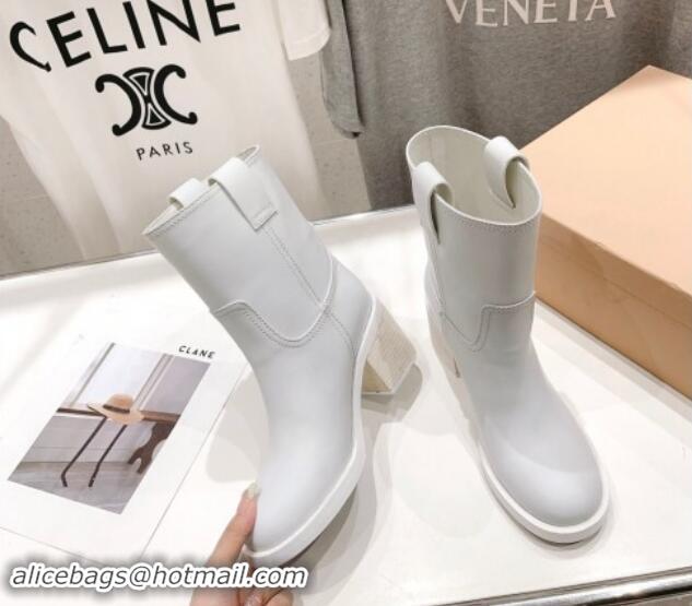 Grade Miu Miu Sienna Fume Leather Heel Ankle Boots 7.5cm with Logo Tag White 904056