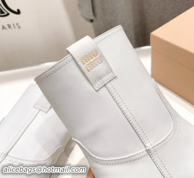 Grade Miu Miu Sienna Fume Leather Heel Ankle Boots 7.5cm with Logo Tag White 904056