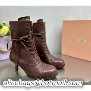 Buy Luxury Miu Miu Leather laced up Heel Ankle Boots 7.5cm Brown 904058