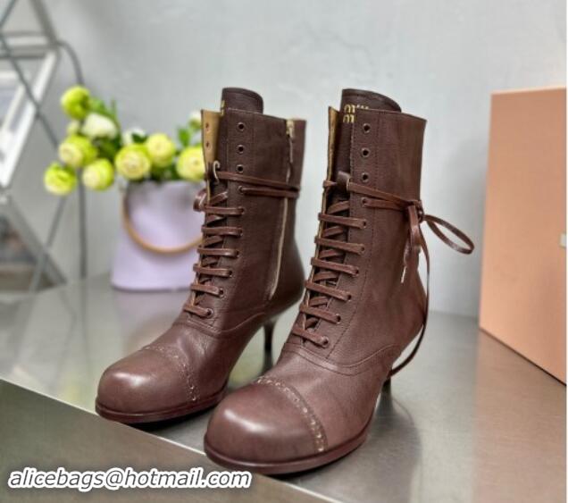 Buy Luxury Miu Miu Leather laced up Heel Ankle Boots 7.5cm Brown 904058