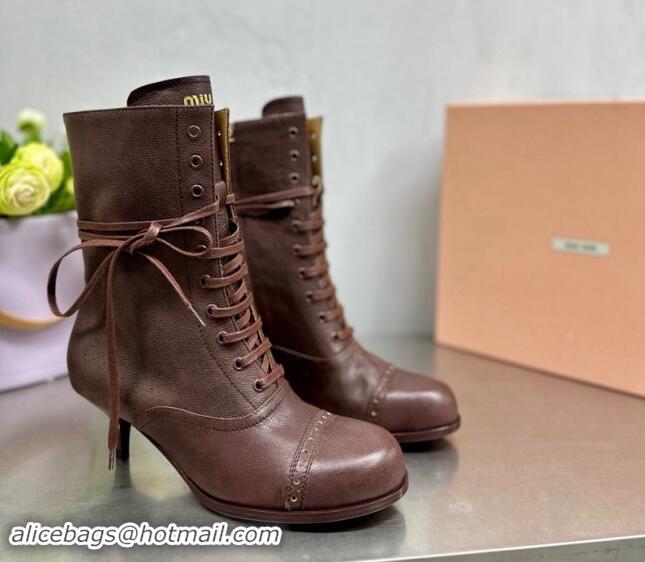 Buy Luxury Miu Miu Leather laced up Heel Ankle Boots 7.5cm Brown 904058