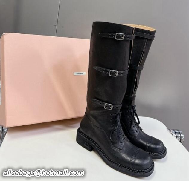 Stylish Miu Miu Leather laced up High Boots 3.5cm with Buckle Strap Black 904059