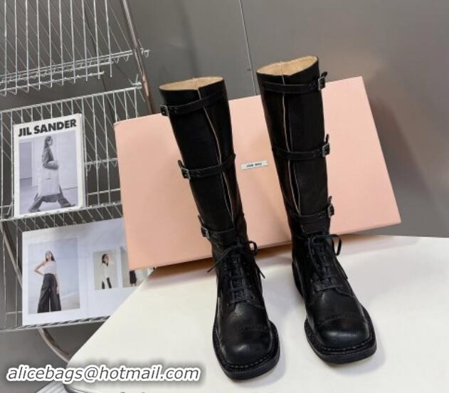 Stylish Miu Miu Leather laced up High Boots 3.5cm with Buckle Strap Black 904059