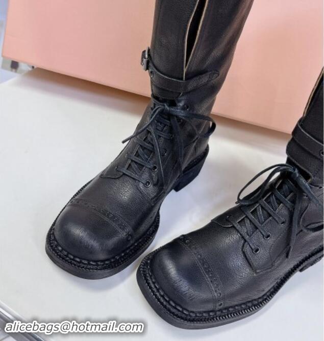 Stylish Miu Miu Leather laced up High Boots 3.5cm with Buckle Strap Black 904059