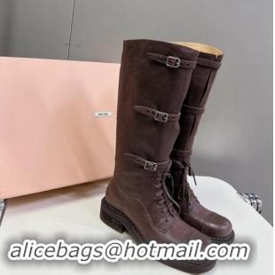 Unique Style Miu Miu Leather laced up High Boots 3.5cm with Buckle Strap Dark Brown 904060