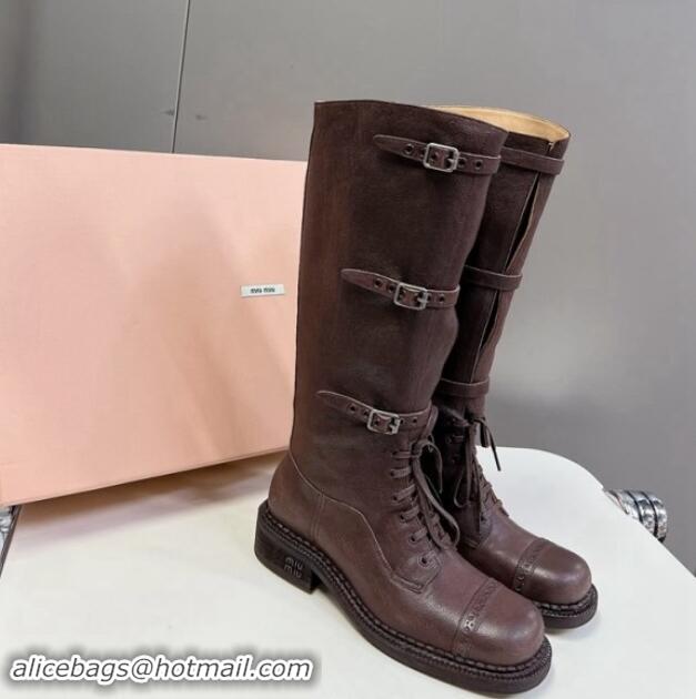 Unique Style Miu Miu Leather laced up High Boots 3.5cm with Buckle Strap Dark Brown 904060