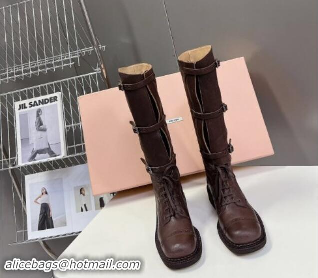 Unique Style Miu Miu Leather laced up High Boots 3.5cm with Buckle Strap Dark Brown 904060