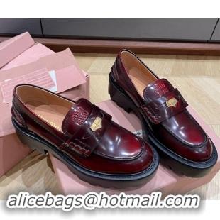 Pretty Style Miu Miu Brushed leather Platform loafers 5cm with Coin Charm Burgundy 904066