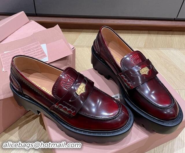 Pretty Style Miu Miu Brushed leather Platform loafers 5cm with Coin Charm Burgundy 904066