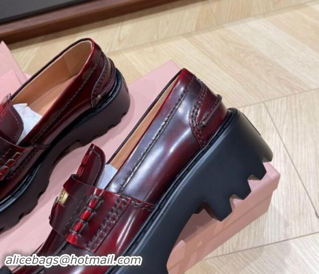 Pretty Style Miu Miu Brushed leather Platform loafers 5cm with Coin Charm Burgundy 904066