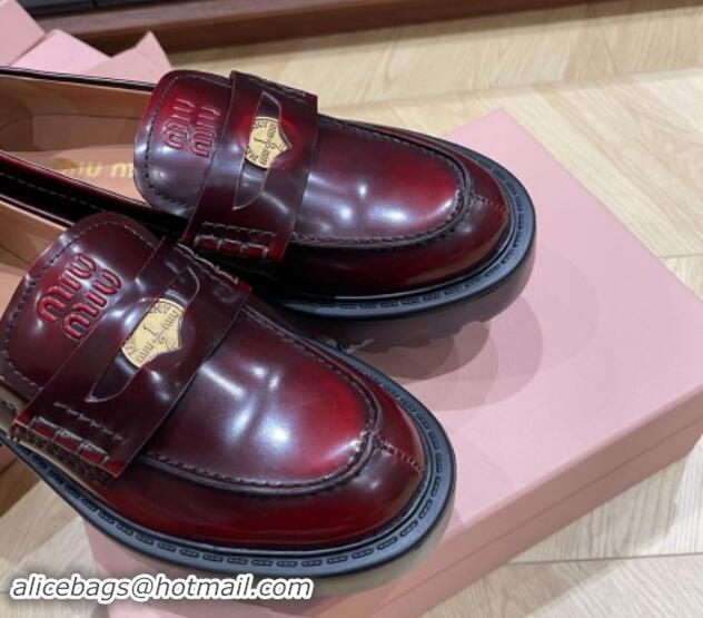 Pretty Style Miu Miu Brushed leather Platform loafers 5cm with Coin Charm Burgundy 904066