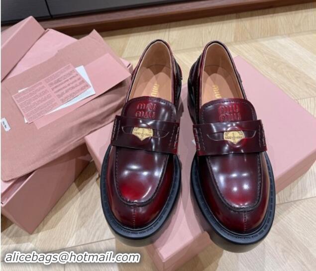 Pretty Style Miu Miu Brushed leather Platform loafers 5cm with Coin Charm Burgundy 904066