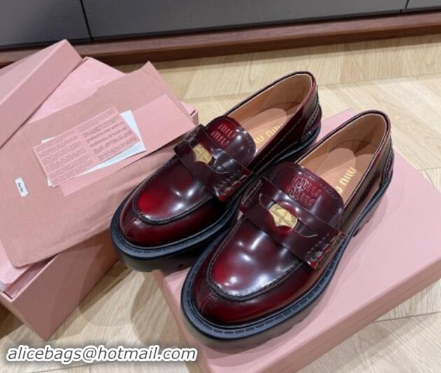 Pretty Style Miu Miu Brushed leather Platform loafers 5cm with Coin Charm Burgundy 904066