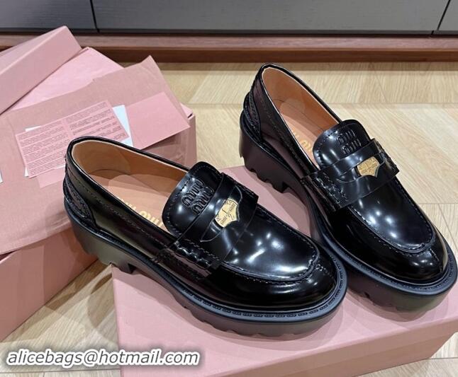 Top Grade Miu Miu Brushed leather Platform loafers 5cm with Coin Charm Black 904067