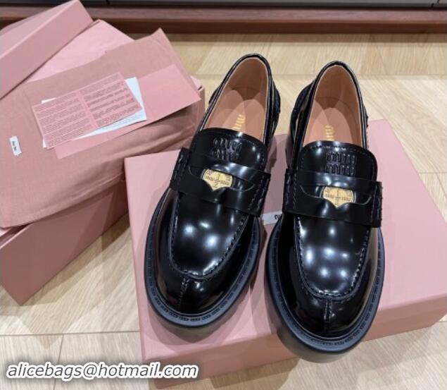 Top Grade Miu Miu Brushed leather Platform loafers 5cm with Coin Charm Black 904067