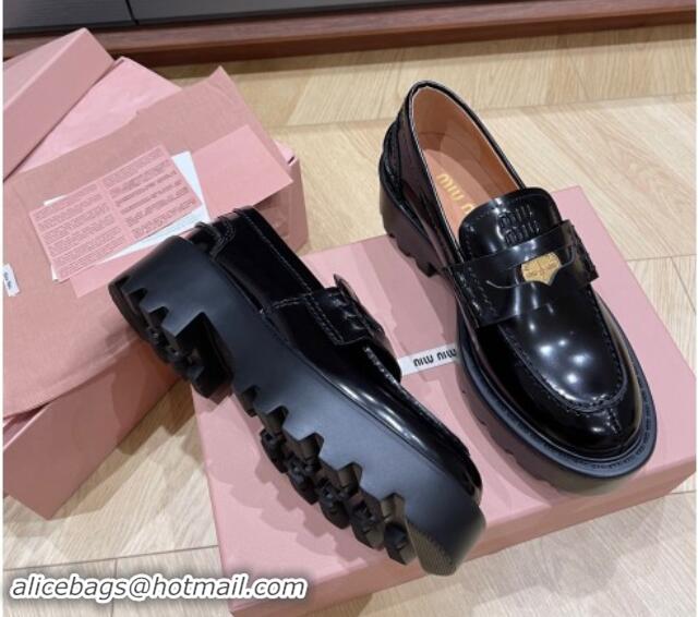 Top Grade Miu Miu Brushed leather Platform loafers 5cm with Coin Charm Black 904067