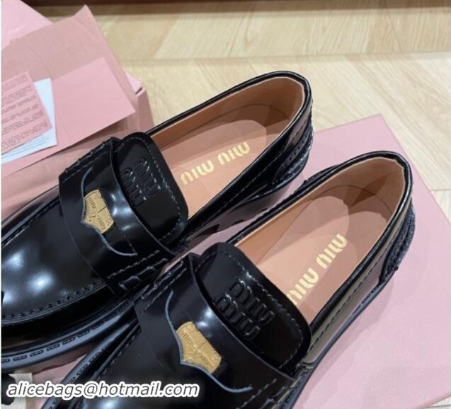 Top Grade Miu Miu Brushed leather Platform loafers 5cm with Coin Charm Black 904067