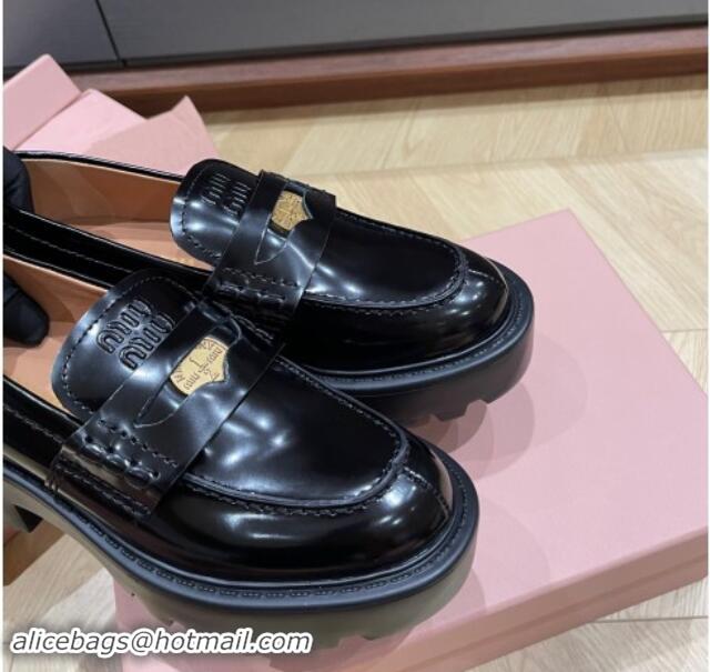 Top Grade Miu Miu Brushed leather Platform loafers 5cm with Coin Charm Black 904067